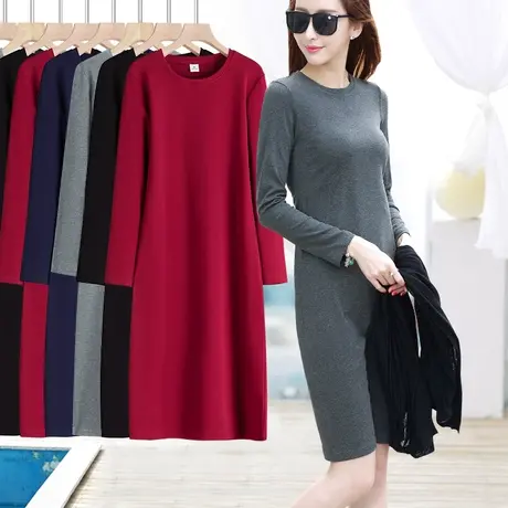 灰色小圆领长袖连衣裙女中长款性感修身显身材秋季新款弹力打底衫图片