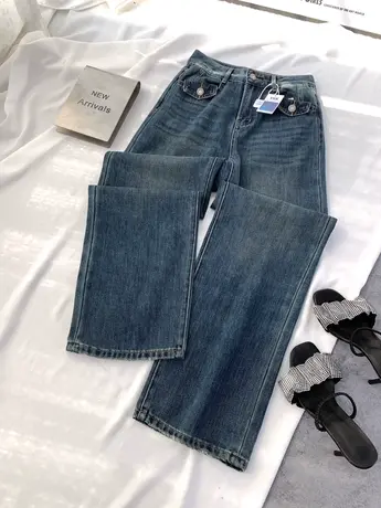 水洗小口袋牛仔阔腿长裤女2023冬季新款显瘦百搭高腰宽松拖地垂裤商品大图