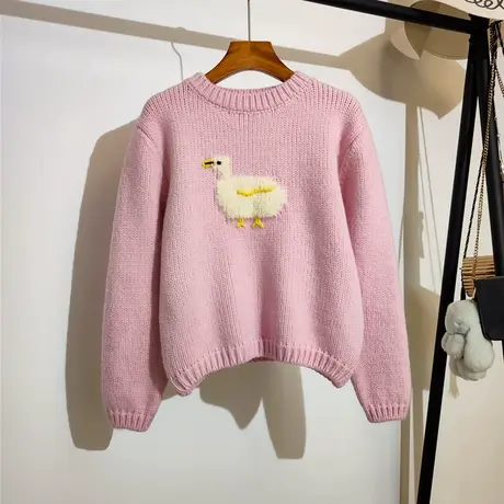 鸭子粗毛线针织上衣女秋冬新款宽松圆领套头长袖时尚短款毛衣外穿商品大图