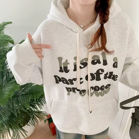 othermix 加绒加厚字母连帽卫衣女2023秋冬新款宽松休闲百搭外套图片