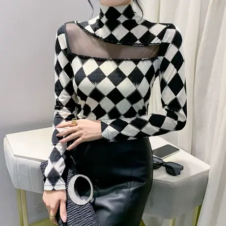 欧货性感镂空高领打底衫长袖网纱撞色重工钉珠洋气上衣女修身T恤商品大图