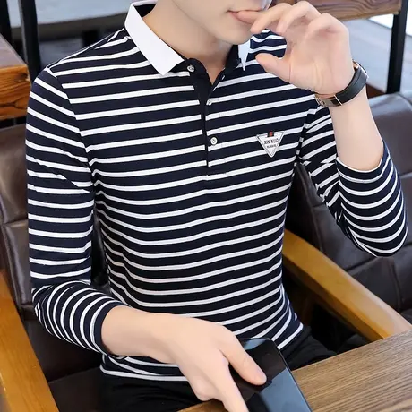 男士长袖t恤秋季新款翻领条纹polo衫男休闲徽章潮流纯棉体恤男装商品大图