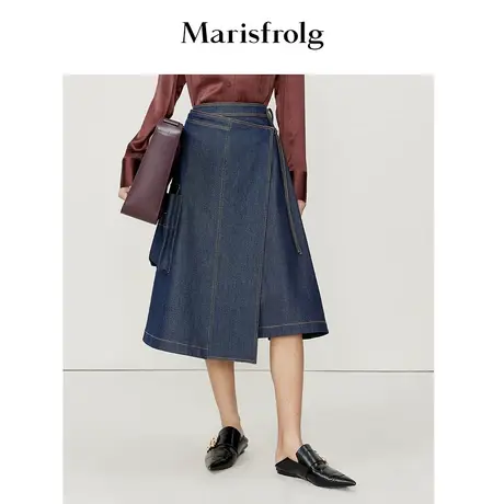 【纯棉】玛丝菲尔22年春季新款深蓝色工装围裹式大A字半身裙商品大图