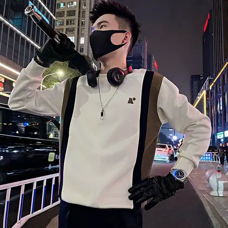 春季潮流ins拼接圆领卫衣男2024新款痞帅休闲小众百搭长袖t恤上衣商品大图