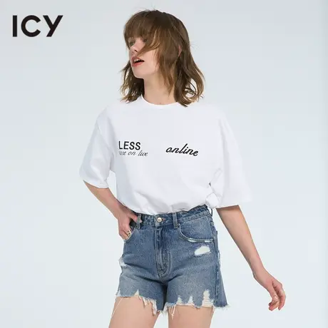 icy女装设计新款简约圆领字母印花宽松T恤女短袖休闲中长款上衣图片