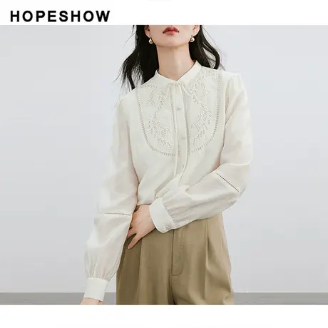 红袖绣花边小圆领衬衫女hopeshow2024春季新款宫廷风泡泡袖上衣商品大图