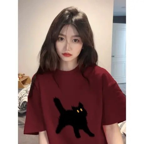 酒红色纯棉短袖t恤女美式复古夏季2023新款港风chic宽松半袖上衣商品大图