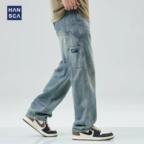 hansca破洞牛仔裤男潮牌夏季新款美式高街宽松复古纯棉直筒阔腿裤商品大图