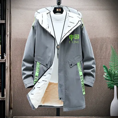 夹克男秋冬装加绒加厚上衣中长款外套冬季保暖棉衣潮外穿秋衣男装商品大图