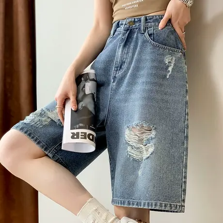 牛仔短裤女夏季中裤2024高腰破洞辣妹风直筒宽松显瘦a字五分裤子商品大图