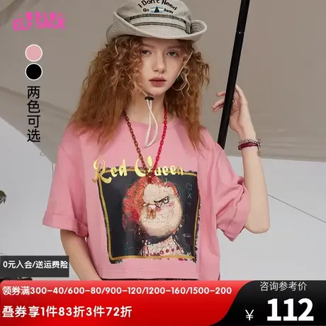 妖精的口袋印花短袖黑色短款t恤女2023夏新款半袖宽松小个子上衣图片