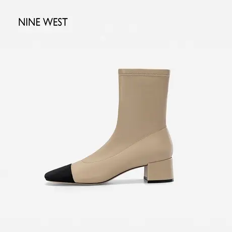 Nine West/玖熙撞色短靴女小香风2023秋冬新款时尚软皮粗跟时装靴图片