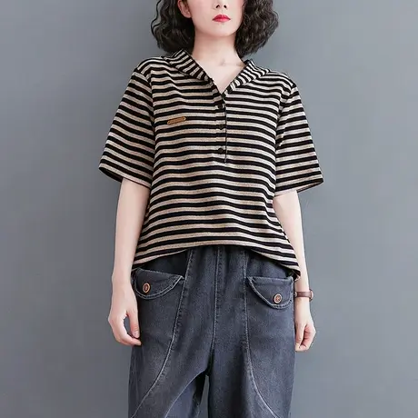 2022夏季新款条纹连帽棉t恤女装通勤宽松百搭短袖上衣短款体恤衫商品大图