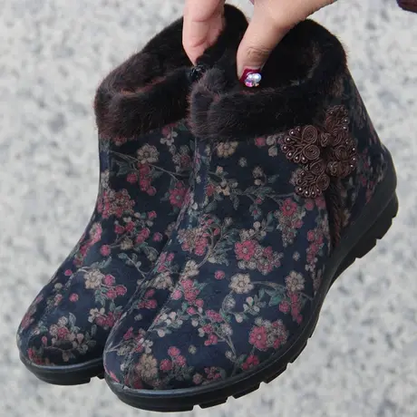 老北京布鞋女加绒老人保暖鞋老年女士防滑妈妈棉鞋太太平底雪地鞋商品大图