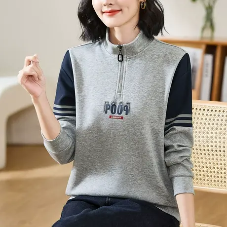 立领半拉链卫衣女春秋2023年新款时尚设计感中年长袖上衣套头外套图片