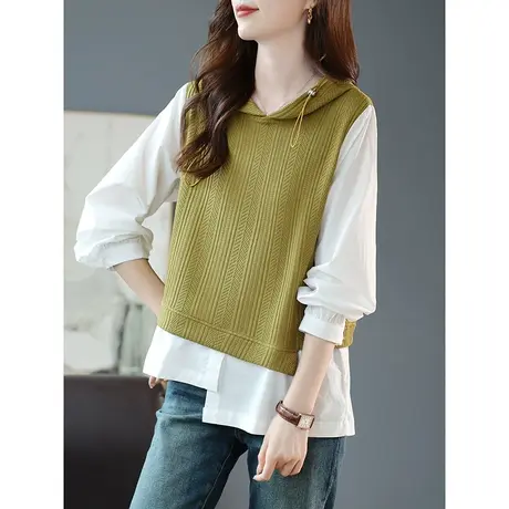 宝诗黎连帽针织拼接假两件衬衫女2023早秋新款长袖设计感时尚衬衣商品大图