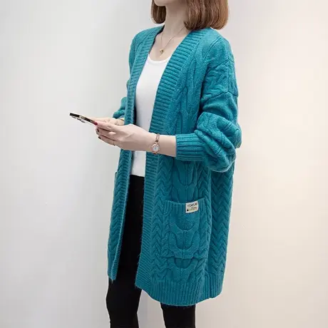 中长款针织开衫女2023秋冬新款宽松慵懒风外穿上衣厚麻花毛衣外套商品大图
