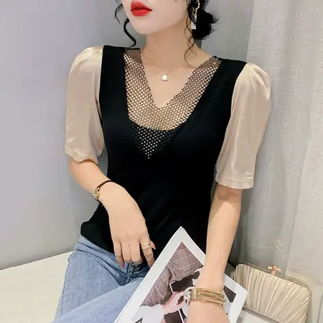 欧货拼色泡泡袖T恤女短袖2023新款性感镂空烫钻上衣修身重工小衫商品大图