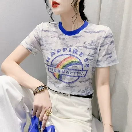 欧货时尚印花T恤女短袖网红个性烫钻上衣气质减龄小衫修身半袖夏商品大图