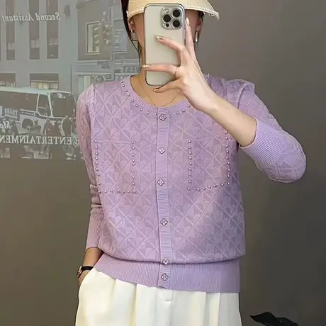 秋季新款高级感提花口袋钉珠镶嵌圆领针织衫毛衣打底衫上衣薄款商品大图