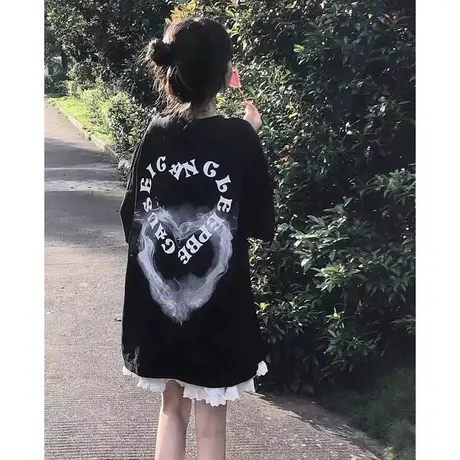 国潮牌美式街头烟雾爱心短袖t恤女夏季纯棉设计感小众ins宽松上衣商品大图