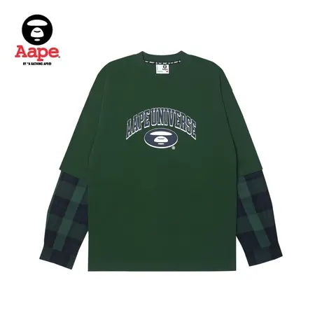 Aape旗舰店男装秋冬猿颜图案印花格纹拼接长袖T恤1402XXL商品大图