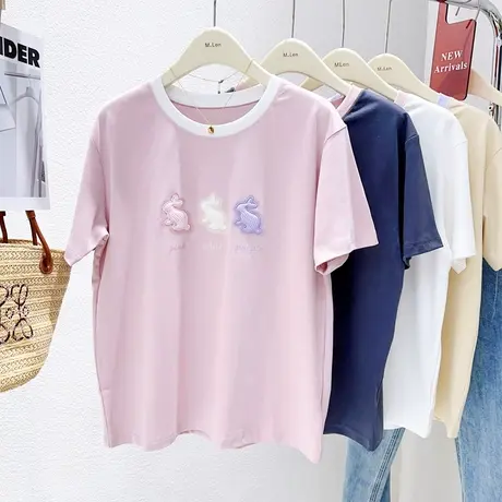 ins兔子纯棉正肩短袖上衣女2023春夏款韩版别致温柔粉色T恤小个子商品大图