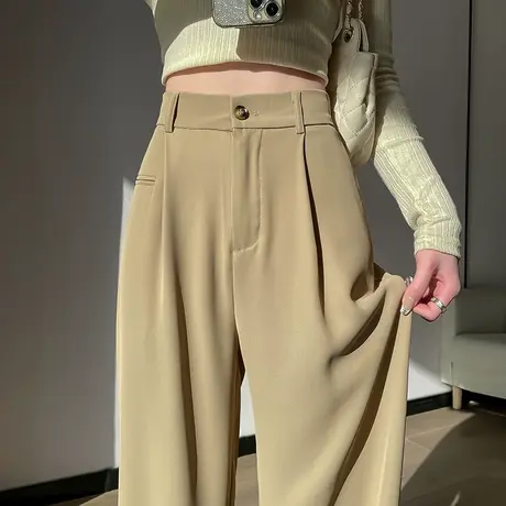 咖色阔腿裤子女春秋2023年新款高腰垂坠直筒宽松休闲小个子西装裤商品大图