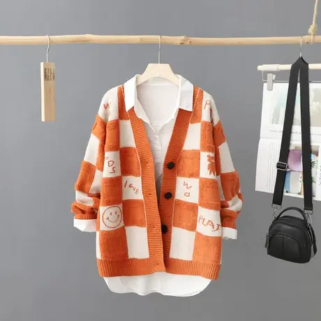 秋季新款格子针织开衫女2023年宽松V领时尚外套毛衣长袖毛针织衫图片