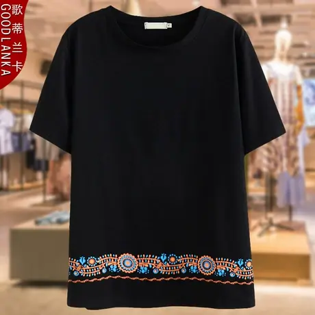 中年胖妈妈洋气夏装短袖上衣时尚加肥加大码女装宽松印花T恤200斤商品大图