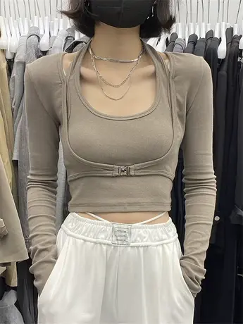 长袖t恤女2021秋季新款纯欲风挂脖纯色内搭设计感小众打底衫上衣商品大图