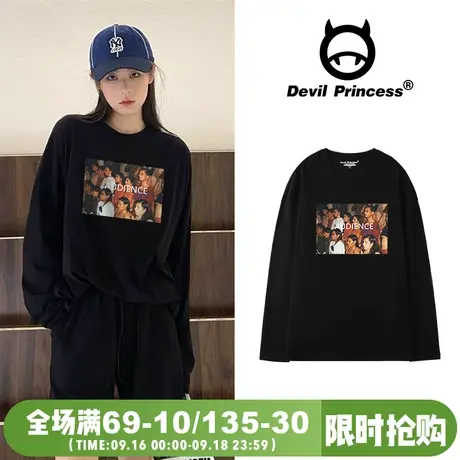 街头风ins潮牌美式复古风黑色长袖T恤女超火oversize宽松大版上衣商品大图