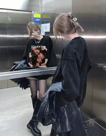 古着vintage卫衣女大码秋冬加绒加厚美式复古宽松慵懒风无帽上衣商品大图