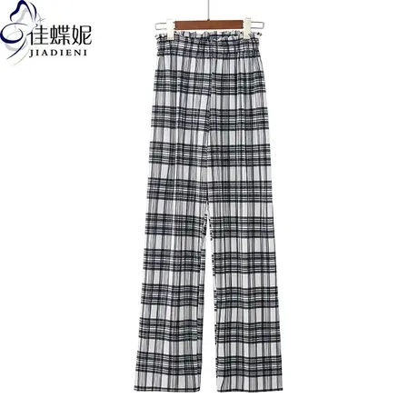春夏季新款韩版雪纺黑白格子宽松休闲高腰长裤松紧腰女下装休闲裤图片