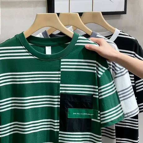 夏季短袖T恤男生宽松圆领日系潮牌休闲ins条纹纯棉休闲体恤打底衫商品大图