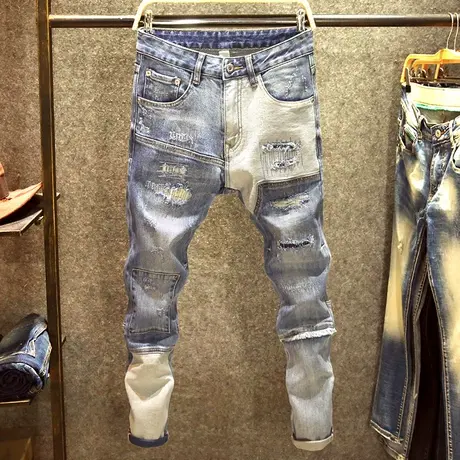 春秋季破洞补丁潮牌牛仔裤男拼接修身小脚裤时尚韩版高街乞丐裤子商品大图