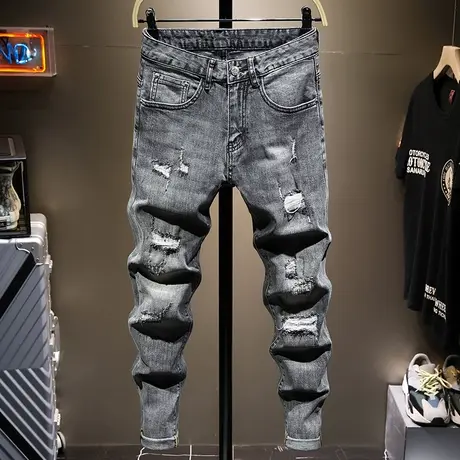 春季新款黑色破洞牛仔裤男修身小脚男士乞丐裤子男百搭日系复古男商品大图
