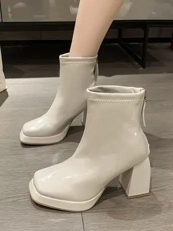 高跟鞋子女2023年新款秋冬季网红粗跟方头防水台漆皮时装靴短靴女图片