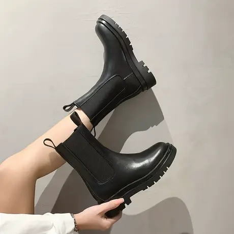 2023年春秋季新款厚底时尚棉靴切尔西靴弹力中烟筒靴子马丁靴女潮图片