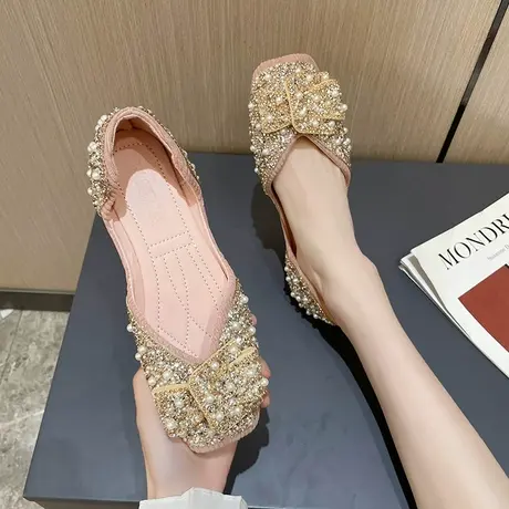 单鞋女春秋2023年新款平底珍珠水钻小香风浅口方头孕妇软底豆豆鞋商品大图