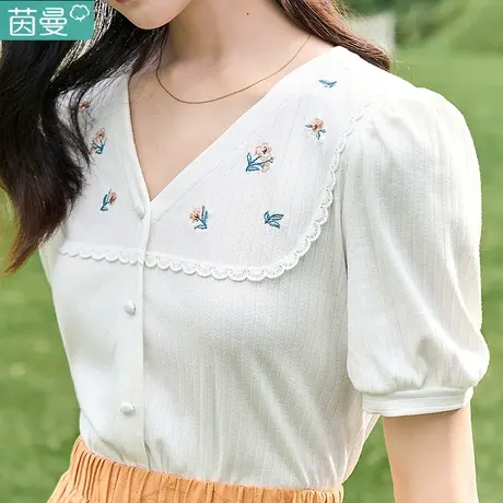 茵曼旗舰店官方官网清新女士t恤短袖2023新款V领超低领显瘦上衣夏图片
