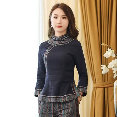 筠雅唐装女中国风2022年新款春秋长袖棉麻素衣茶服中式禅意女装商品大图