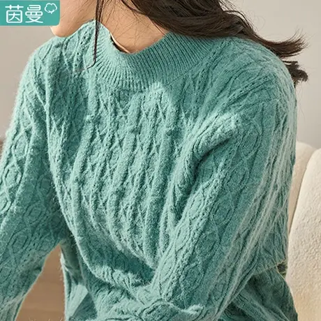 茵曼复古套头圆领毛衣女士2023年秋季新款粉色宽松长袖针织衫上衣商品大图