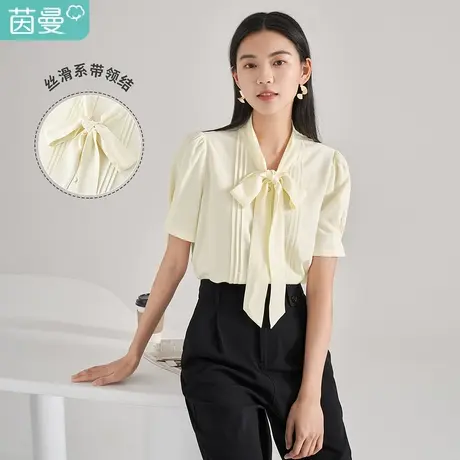 【商场同款】茵曼系带领结衬衫女士2023夏季新款气质通勤宽松短袖图片