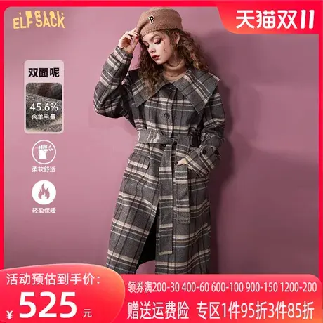 妖精的口袋翻领格纹毛呢大衣女2022秋冬新款复古加厚长款呢子外套图片