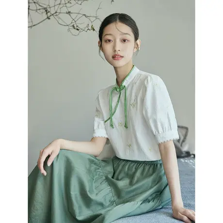 茵曼新中式盘扣小立领刺绣衬衫2023夏女装新款泡泡袖小众气质衬衣商品大图