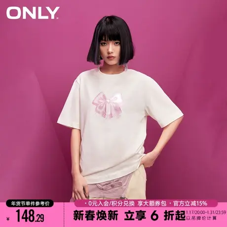 ONLY2024春季新款时尚百搭宽松圆领蝴蝶结印花T恤女|124101040商品大图