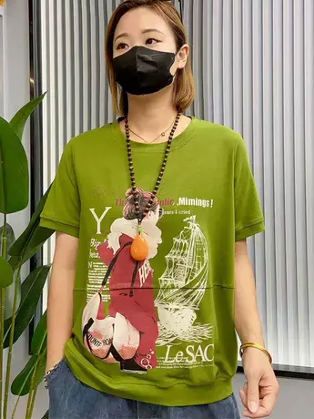 2023夏季新款印花圆领t恤宽松显瘦洋气休闲百搭个性短袖上衣女潮商品大图