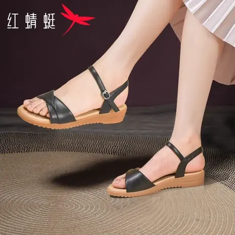 红蜻蜓2025夏季新款真皮平底魔术贴婆婆凉鞋女软底防滑坡跟女鞋夏图片