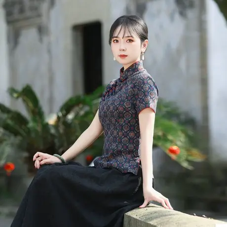 筠雅改良半身唐装上衣女夏季新款年轻中式盘扣居士服茶艺师24J107商品大图